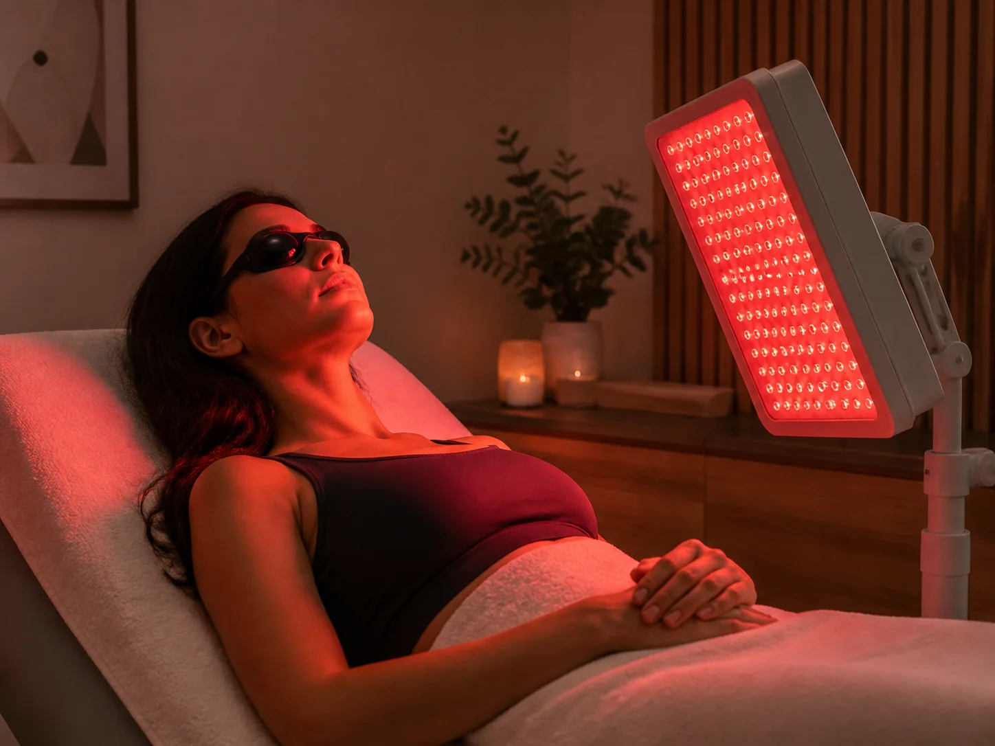 A woman resting with protective eyewear during an in-clinic red light therapy session